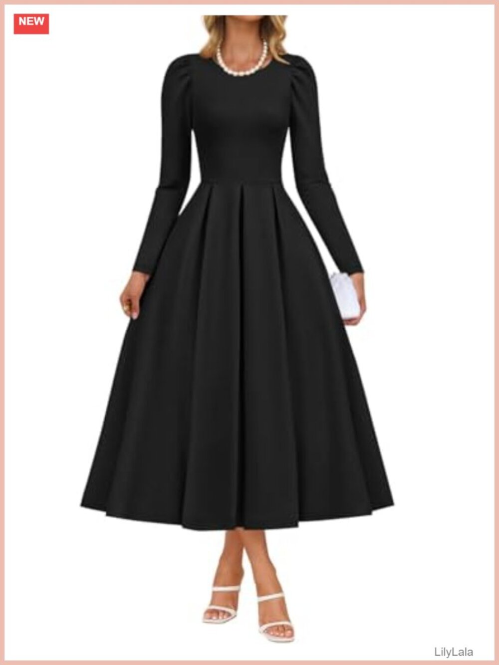 Women's Long Sleeve Midi A-Line Dress Crewneck Formal Wedding Guest